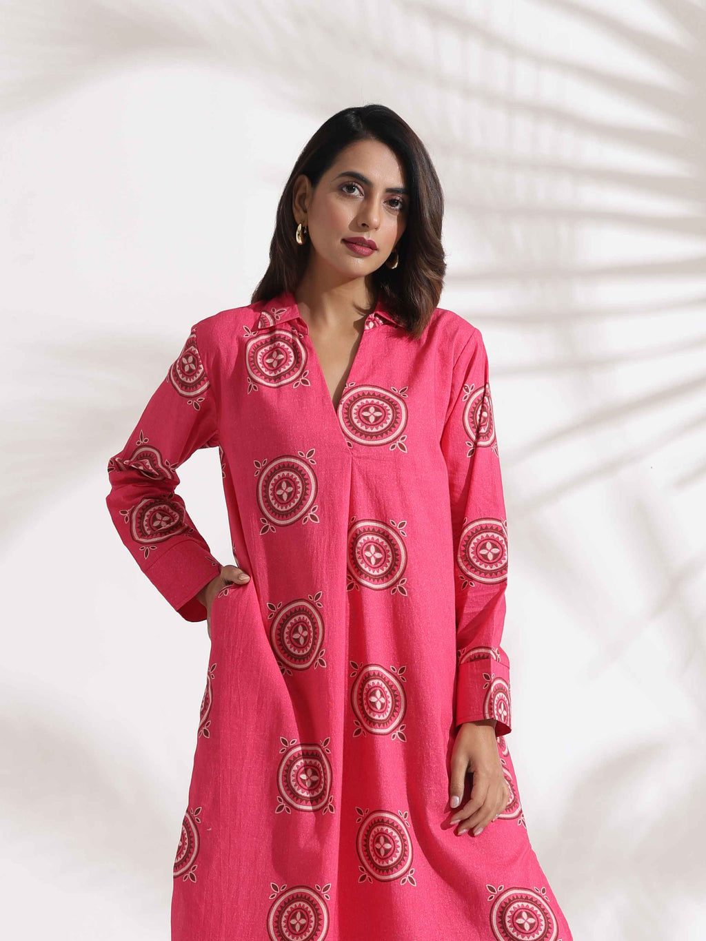 trueBrowns Pink Cotton Print A-line Dress | Grocsy