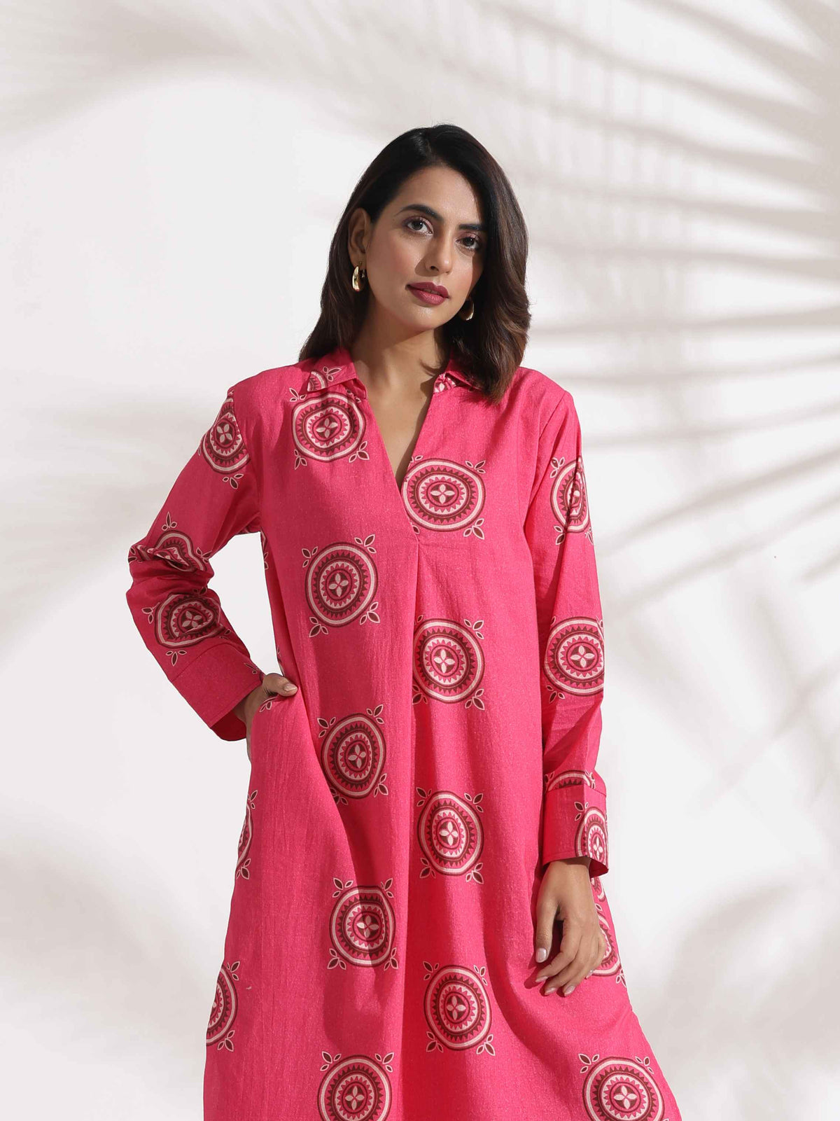 trueBrowns Pink Cotton Print A-line Dress | Grocsy
