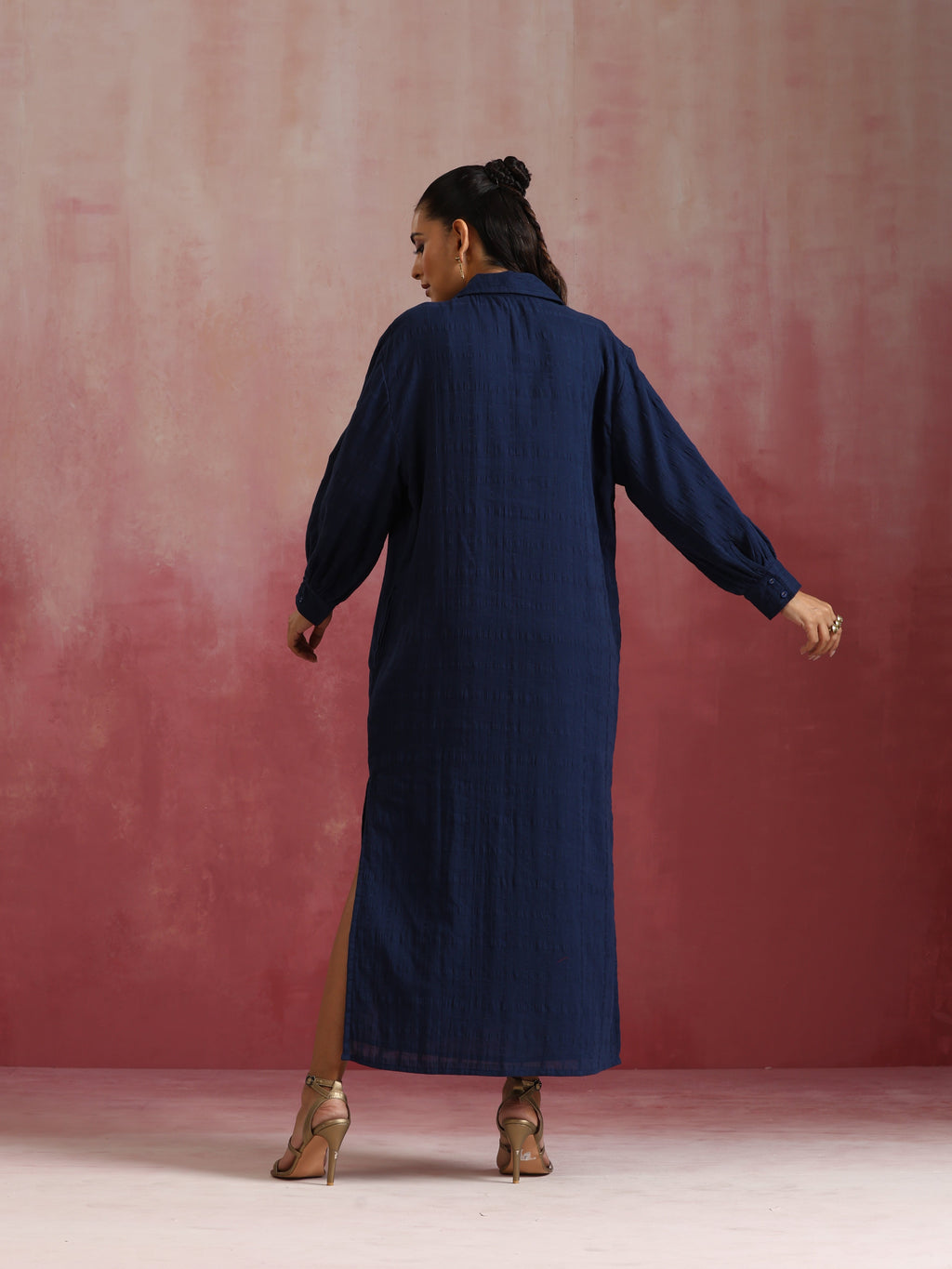 trueBrowns Dark Blue Cotton Dobby Dress | Grocsy
