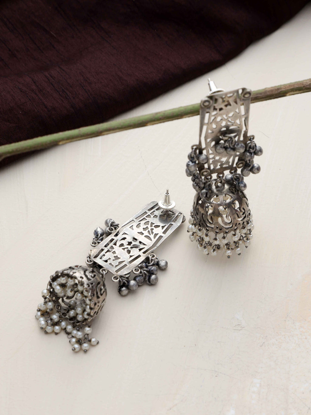 trueBrowns Silver Tone Floral Jhumka Earrings | Grocsy