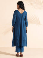 trueBrowns Blue Cotton Dobby Flared Kurta Pant Set | Grocsy