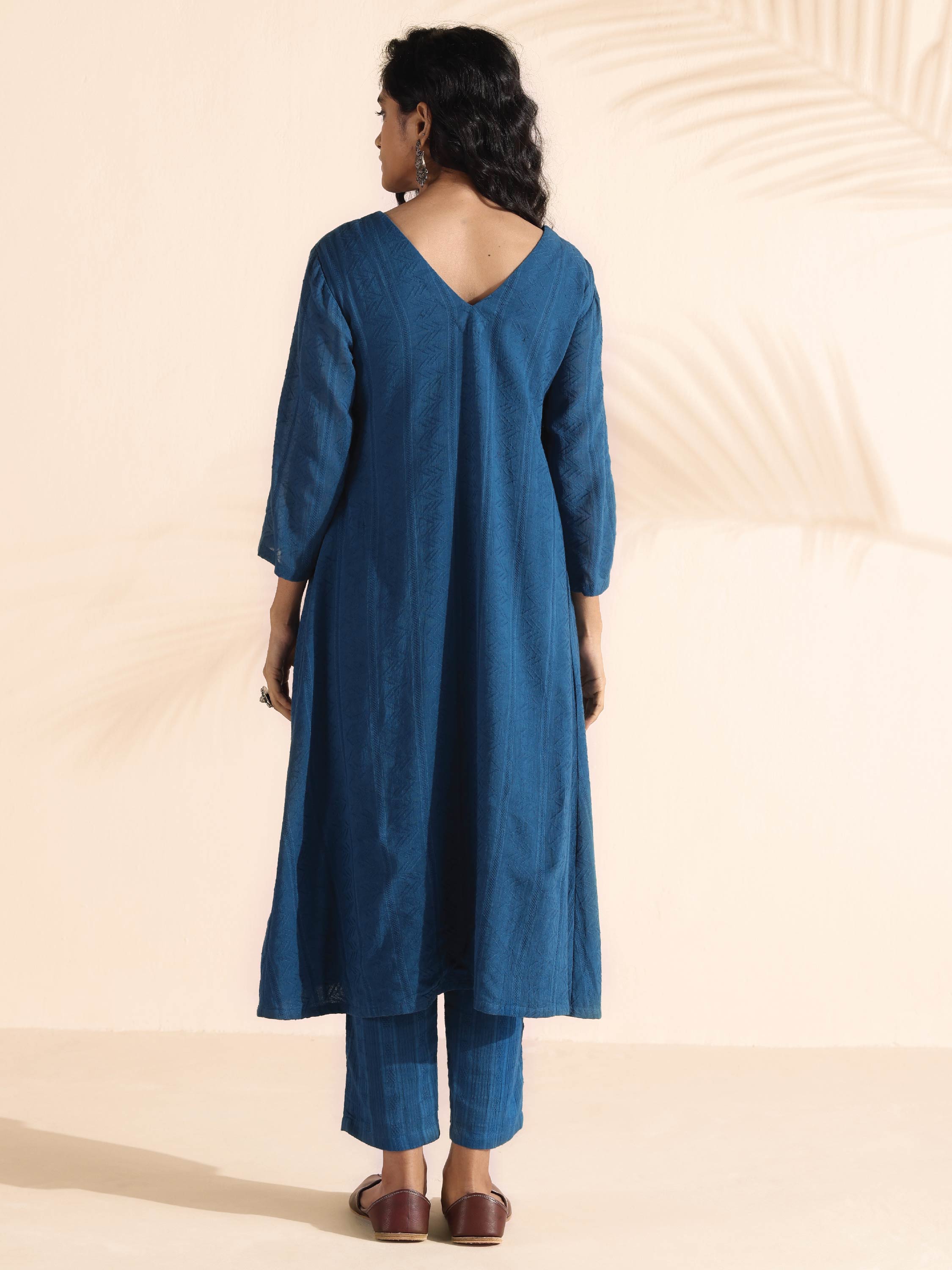 trueBrowns Blue Cotton Dobby Flared Kurta Pant Set | Grocsy
