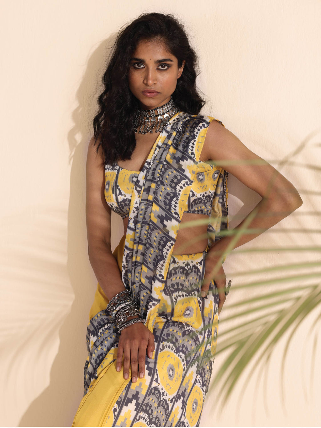 trueBrowns Yellow Muslin Ikat Saree | Grocsy