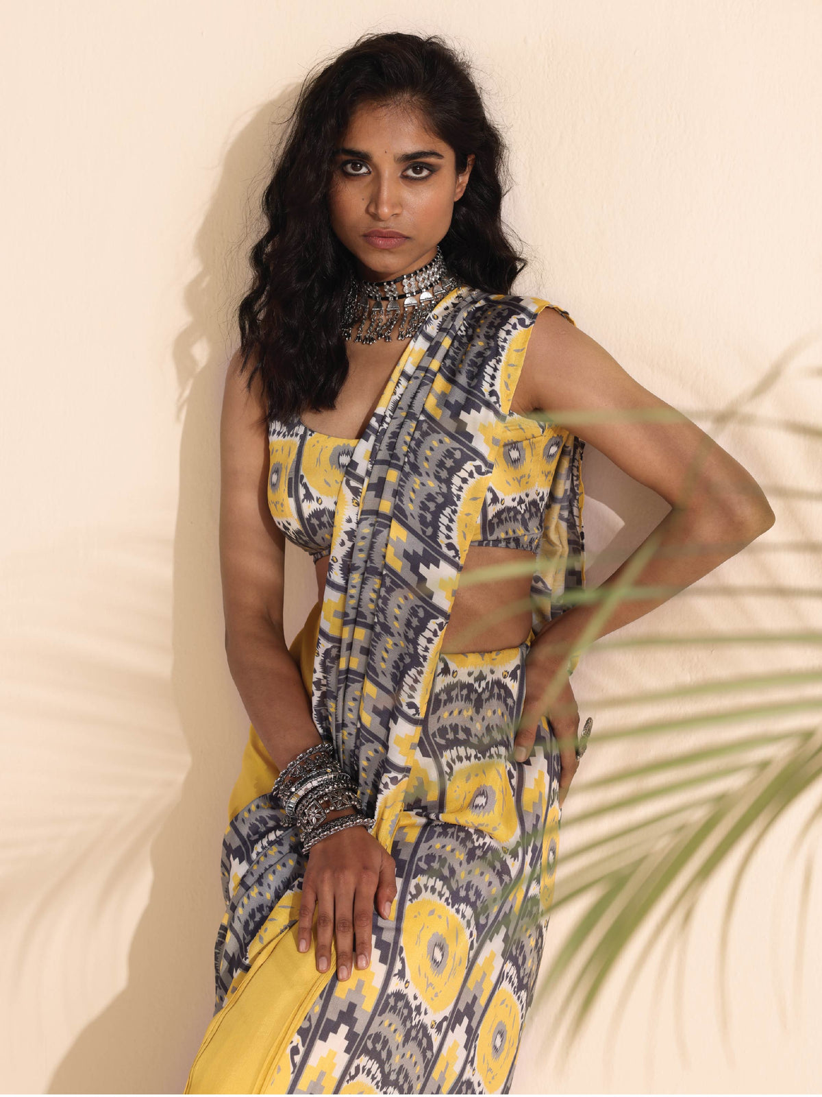 trueBrowns Yellow Muslin Ikat Saree | Grocsy