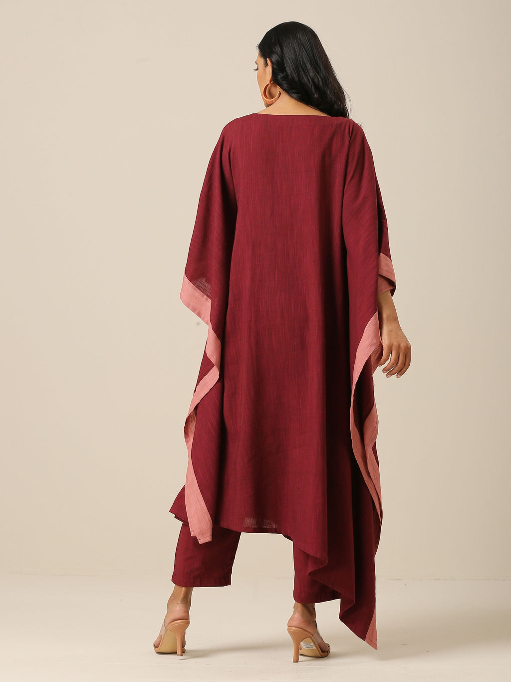 trueBrowns Ruby Wine Slub Texture High Low Kaftan Pant Set | Grocsy