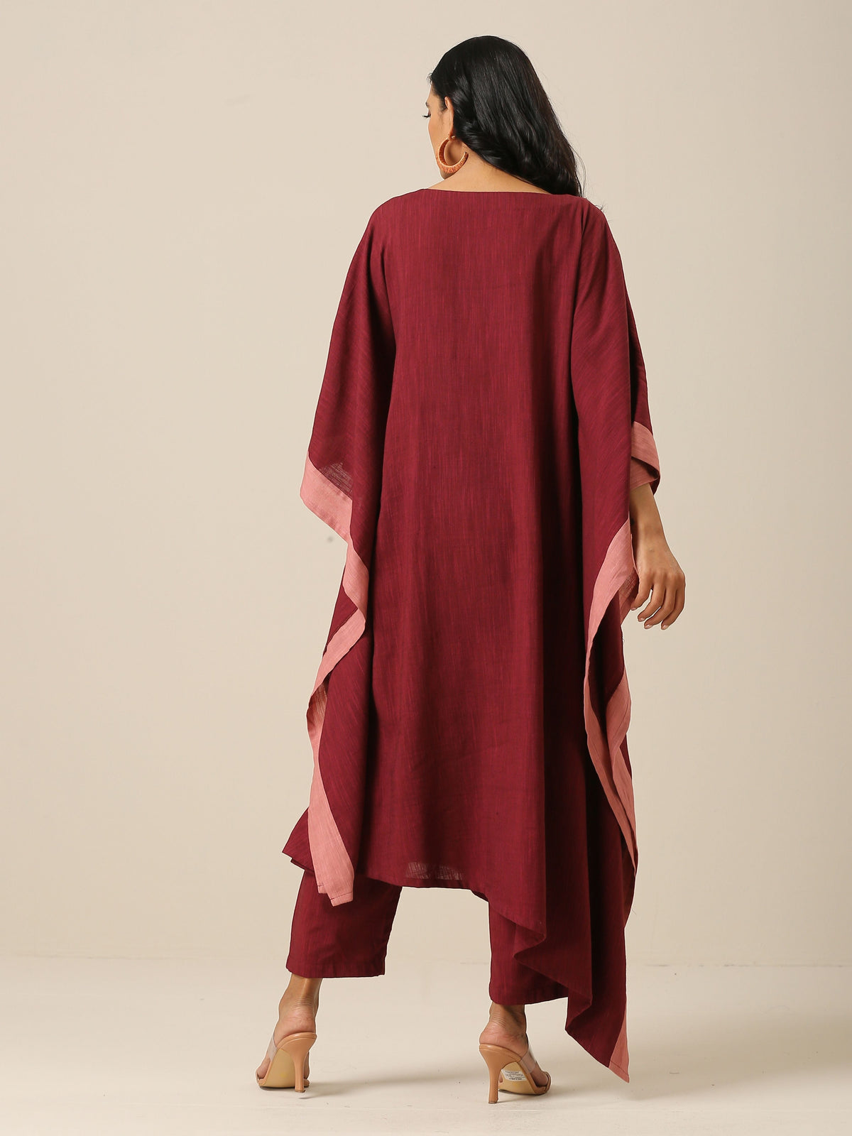 trueBrowns Ruby Wine Slub Texture High Low Kaftan Pant Set | Grocsy
