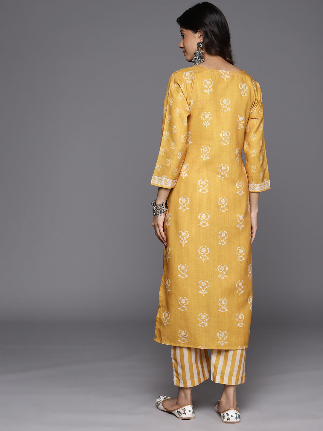 KSUT (House of Varanga) Mustard Digital Printed Kurta With V Neckline Paired With Straight Trouser | Grocsy