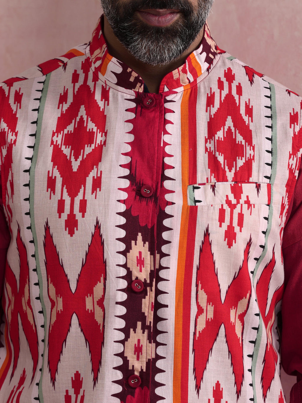 trueBrowns Men's Maroon Ikat Print Cotton Reversible Nehru Jacket | Grocsy