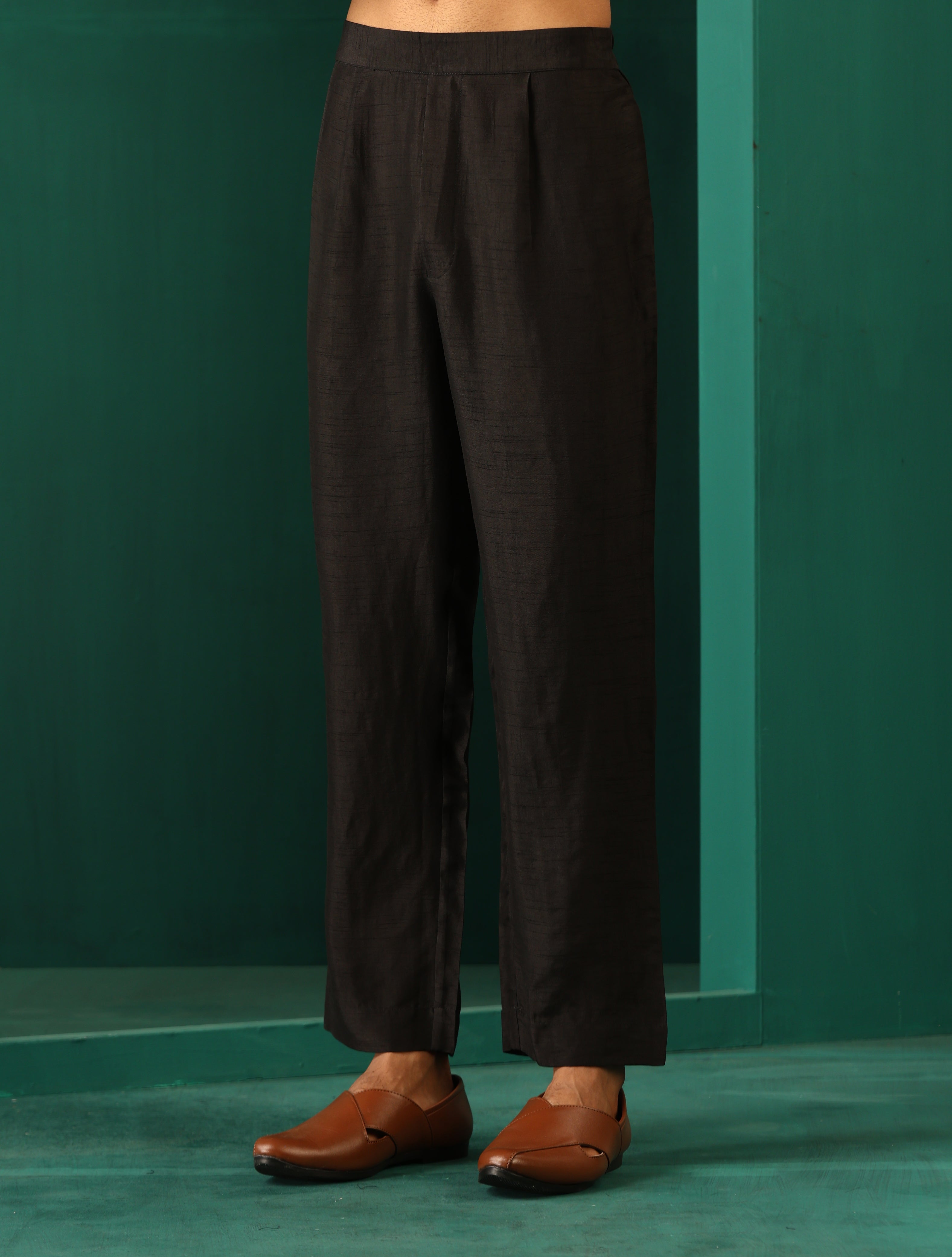 trueBrowns Men's Black Silk Co-ord Set Stitch Detail | Grocsy
