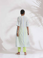 trueBrowns White Cotton Multi Stripe Flared Kurta Set | Grocsy