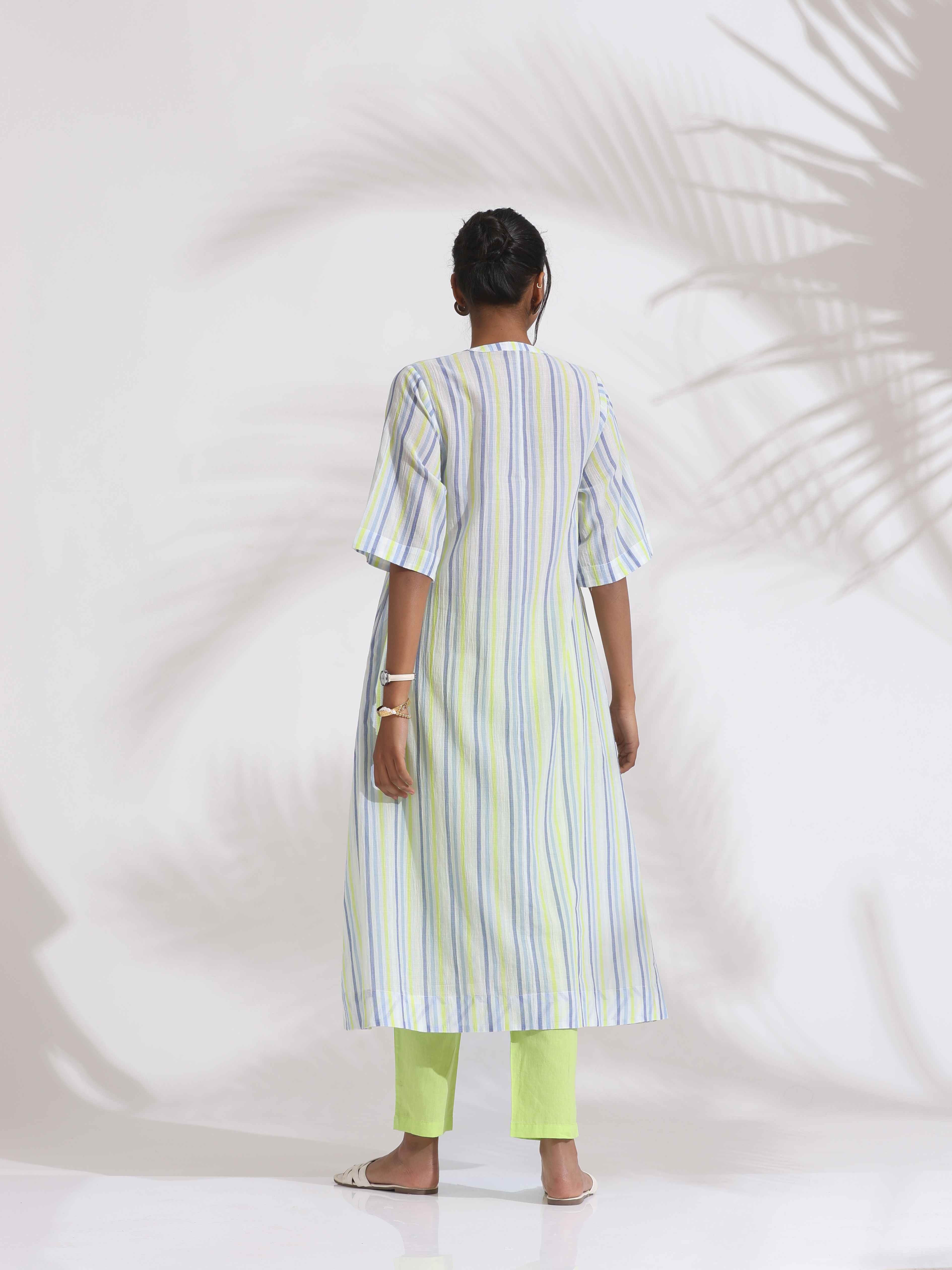 trueBrowns White Cotton Multi Stripe Flared Kurta Set | Grocsy