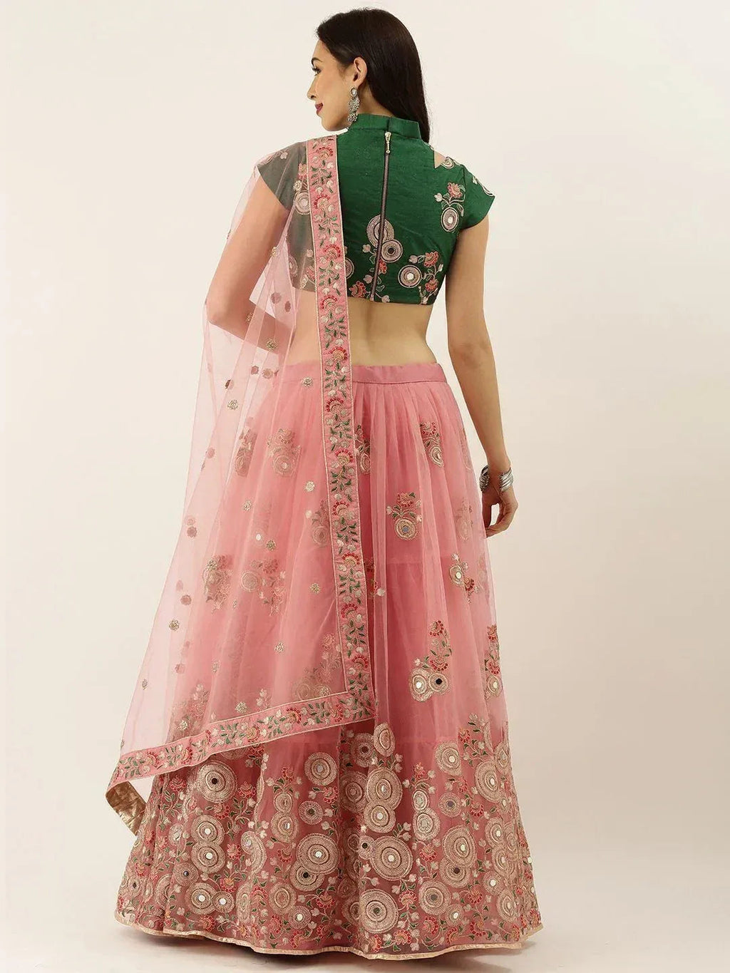Tulsi Art Peach & Green Embroidered Semi-Stitched Lehenga & Unstitched Blouse With Dupatta | Grocsy