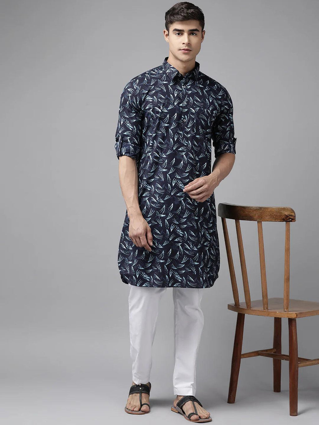 Fabmade Pure Cotton Pathani Kurta Print With Pyjama | Grocsy