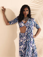 trueBrowns Blue White Muslin Ikat Saree | Grocsy