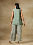 trueBrowns Light Green Bandhani Printed Silk Sleevesless Jacket Pant Set | Grocsy