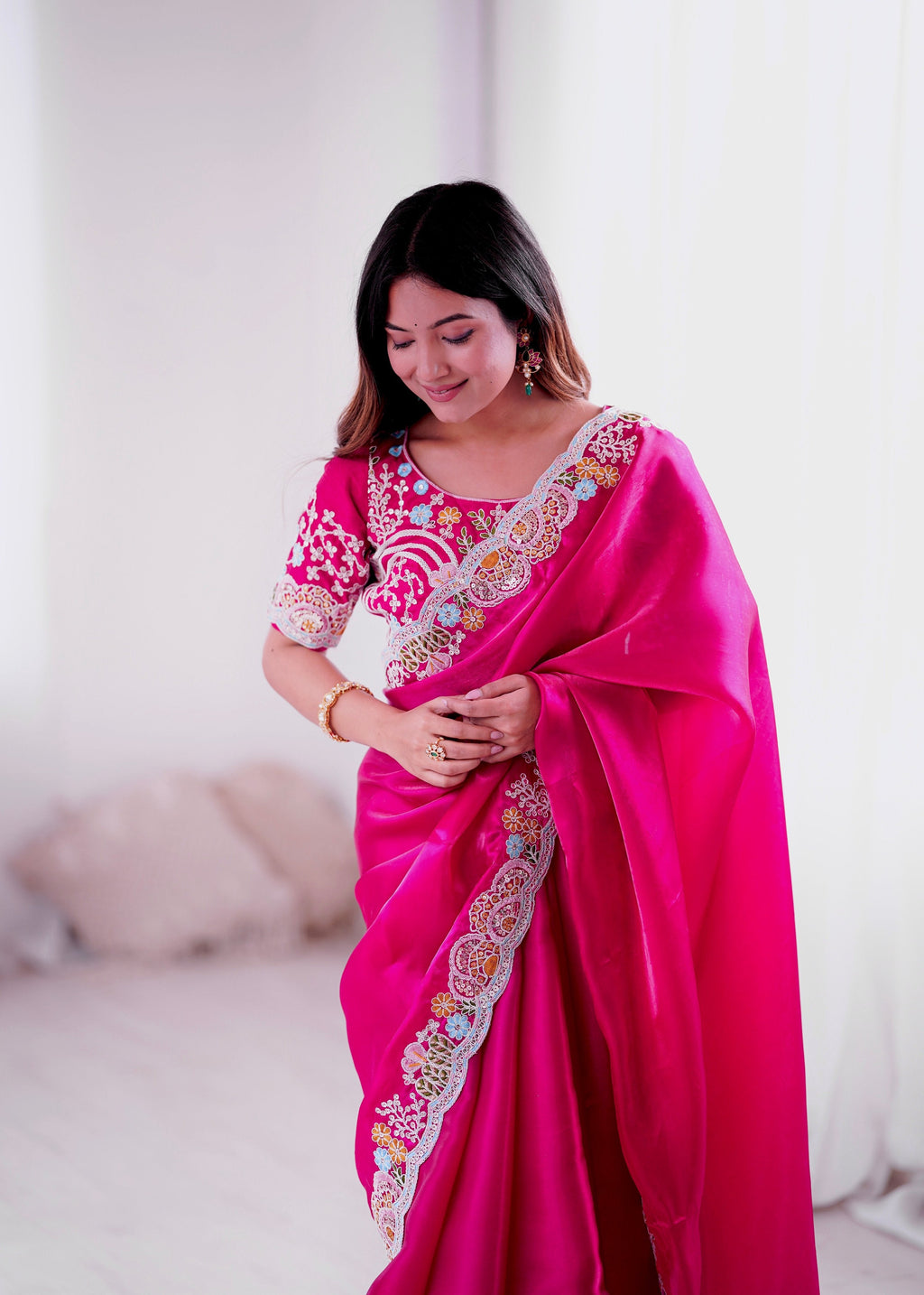 Lorenvalley Fashion Magenta Jimmy Choo with Embroidery Threads Codding & Sequins Work Saree with Blouse | Grocsy