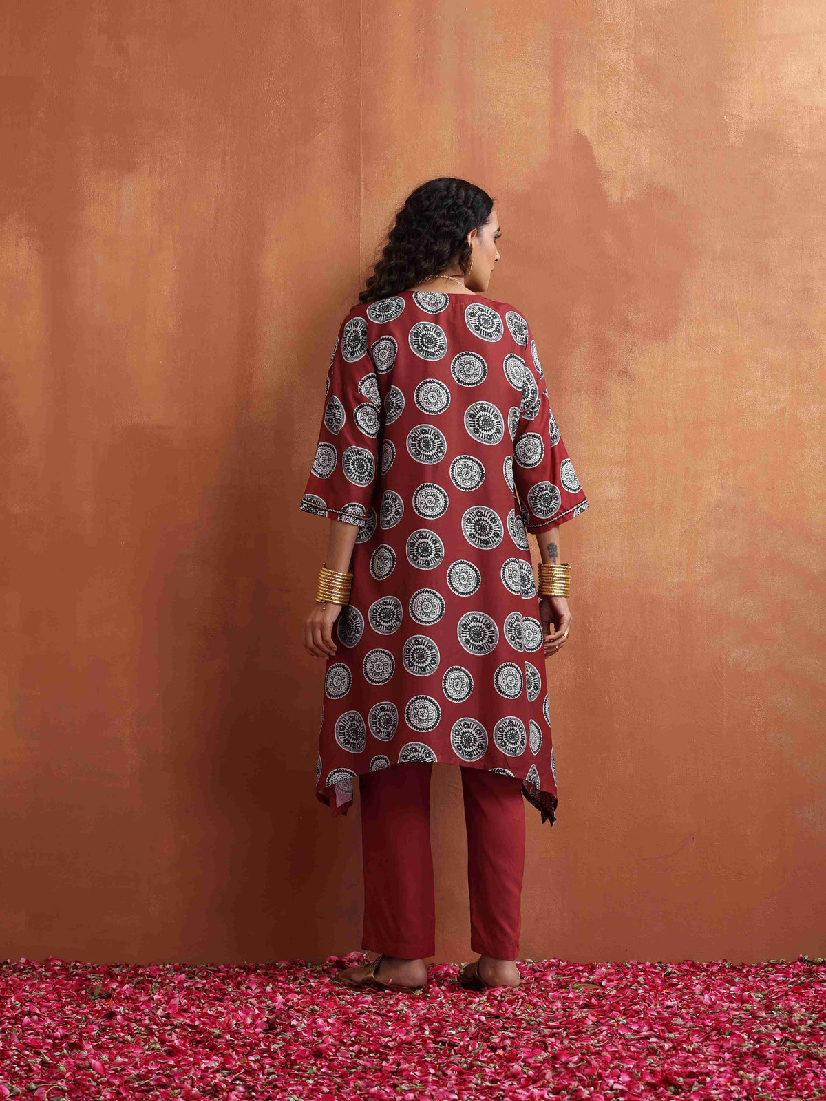 trueBrowns Maroon Print A-line Kurta Co-ord Set | Grocsy