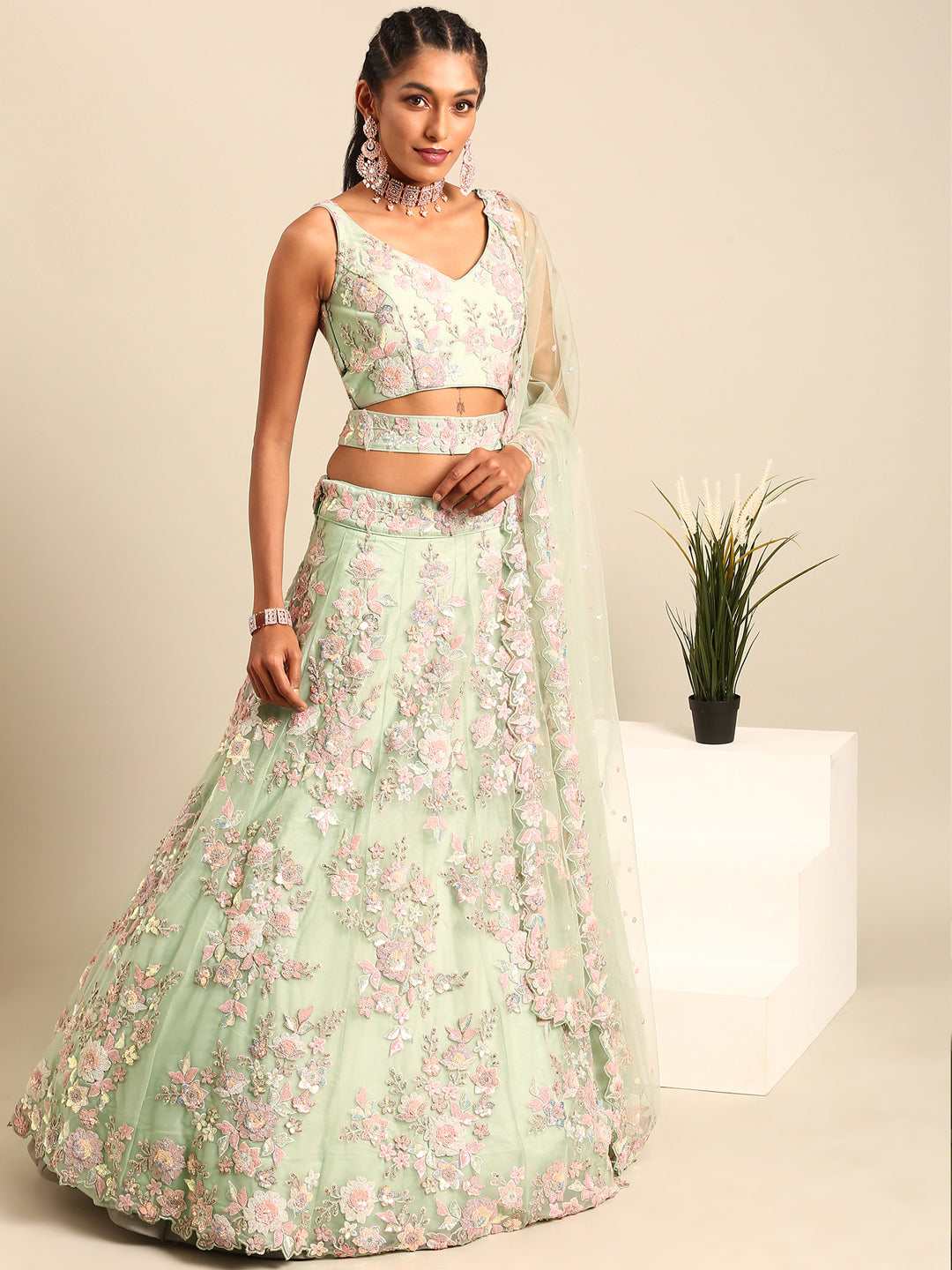 House of Panchhi Lime Green Net Sequins with heavy Zarkan embroidery Lehenga choli & Dupatta | Grocsy