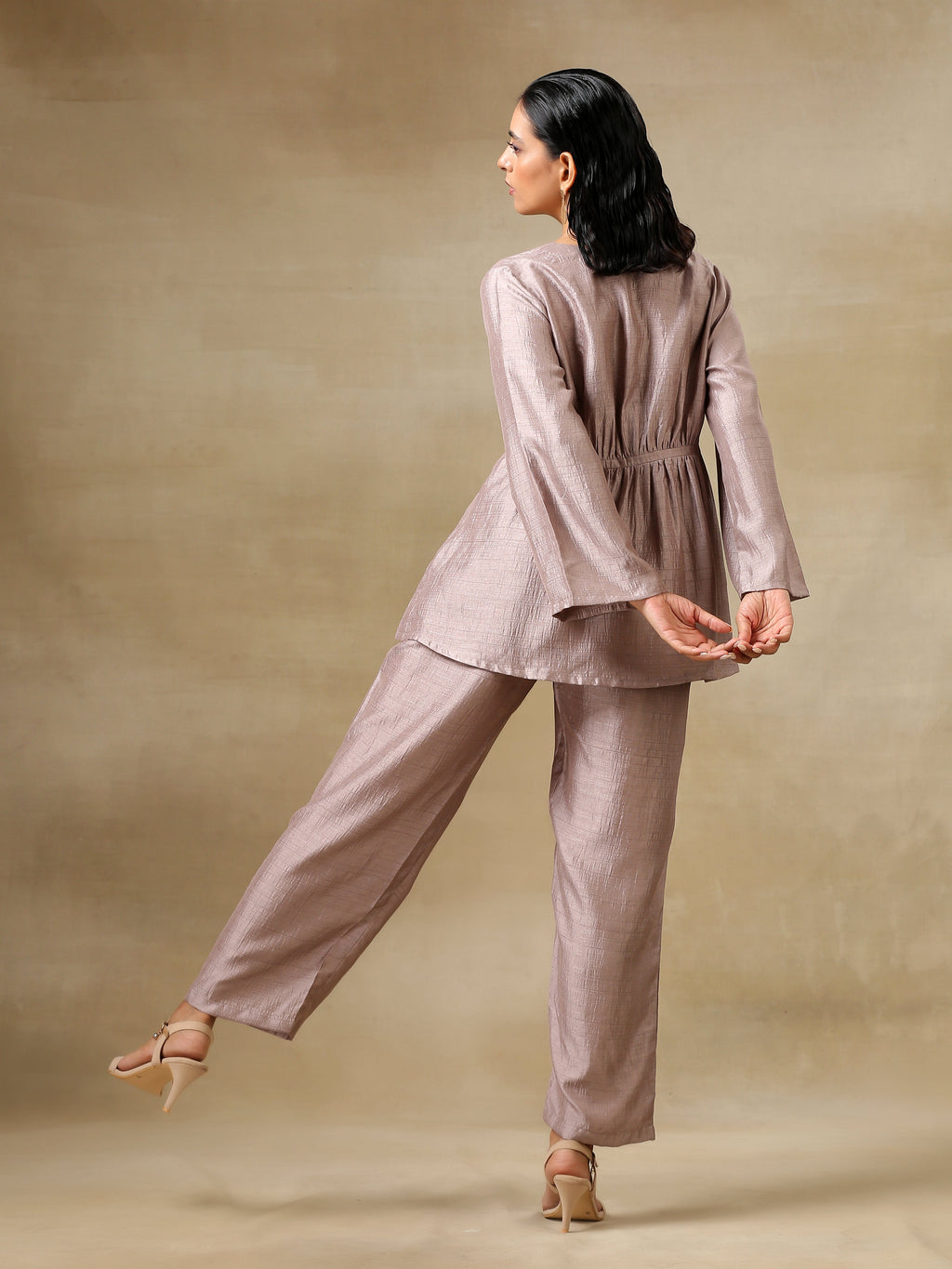 trueBrowns Grey Textured Silk Deep V-Neck Co-Ord Set | Grocsy