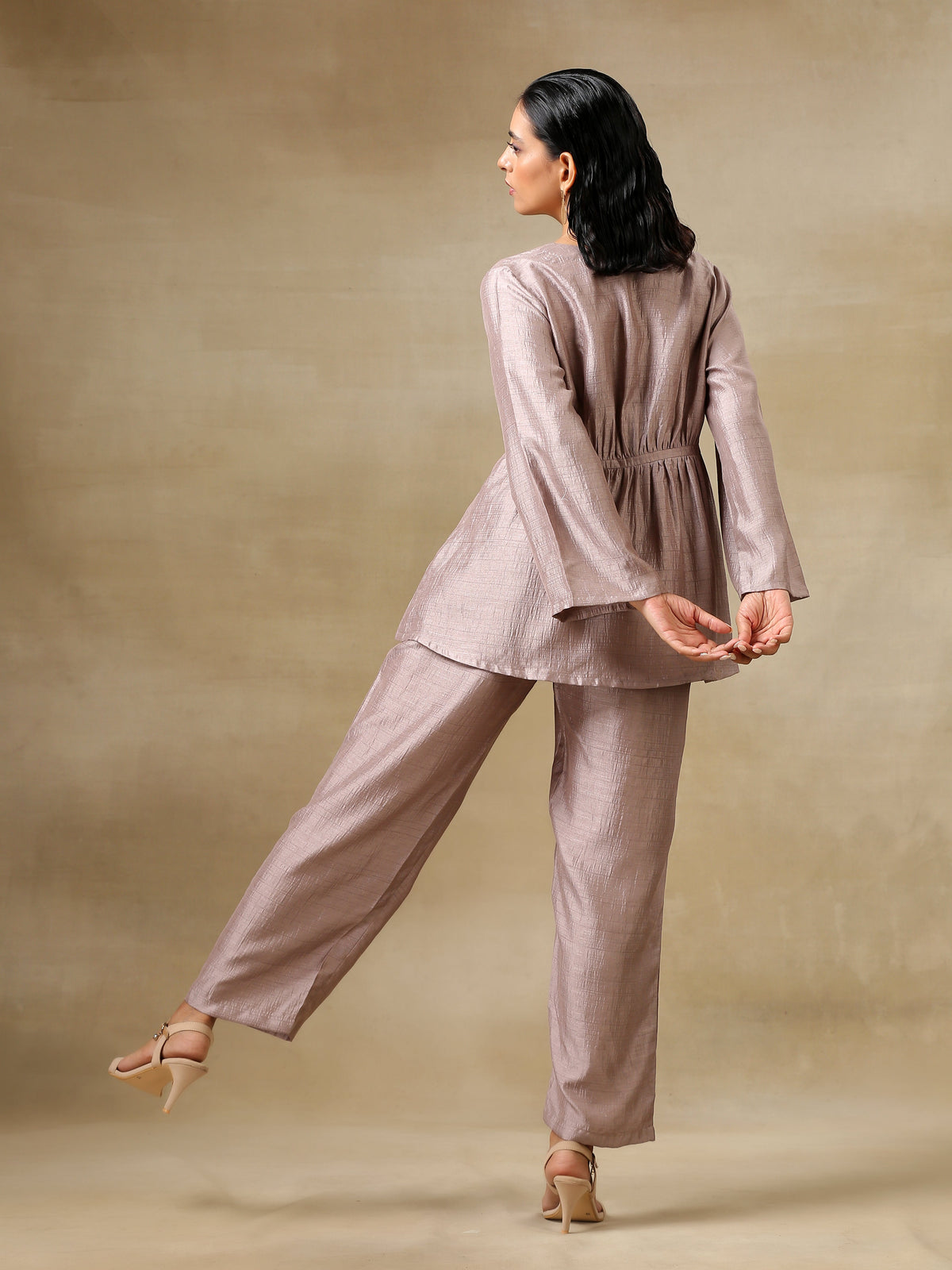 trueBrowns Grey Textured Silk Deep V-Neck Co-Ord Set | Grocsy