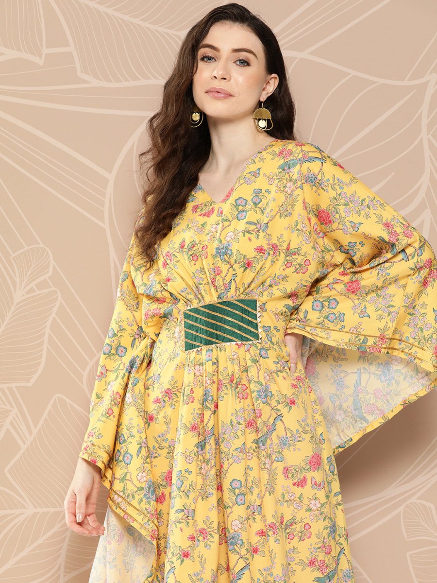 Ahalyaa Women Floral Printed Flared Sleeves Gotta Patti Floral Crepe Kaftan Kurta | Grocsy