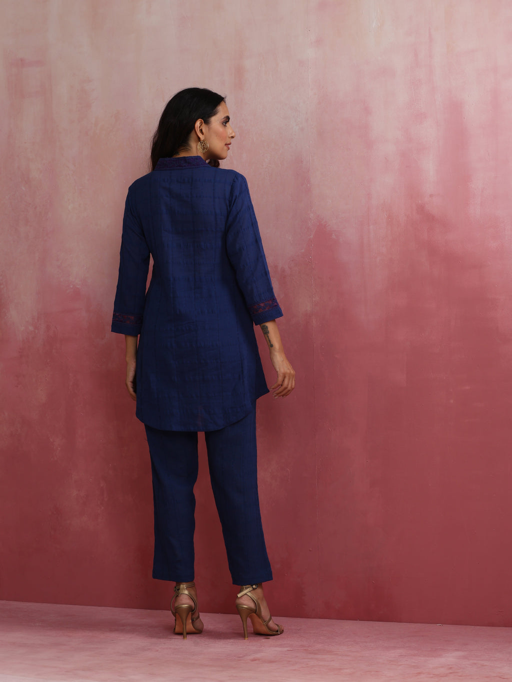 trueBrowns Dark Blue Cotton Dobby Kurta Co-ord set | Grocsy