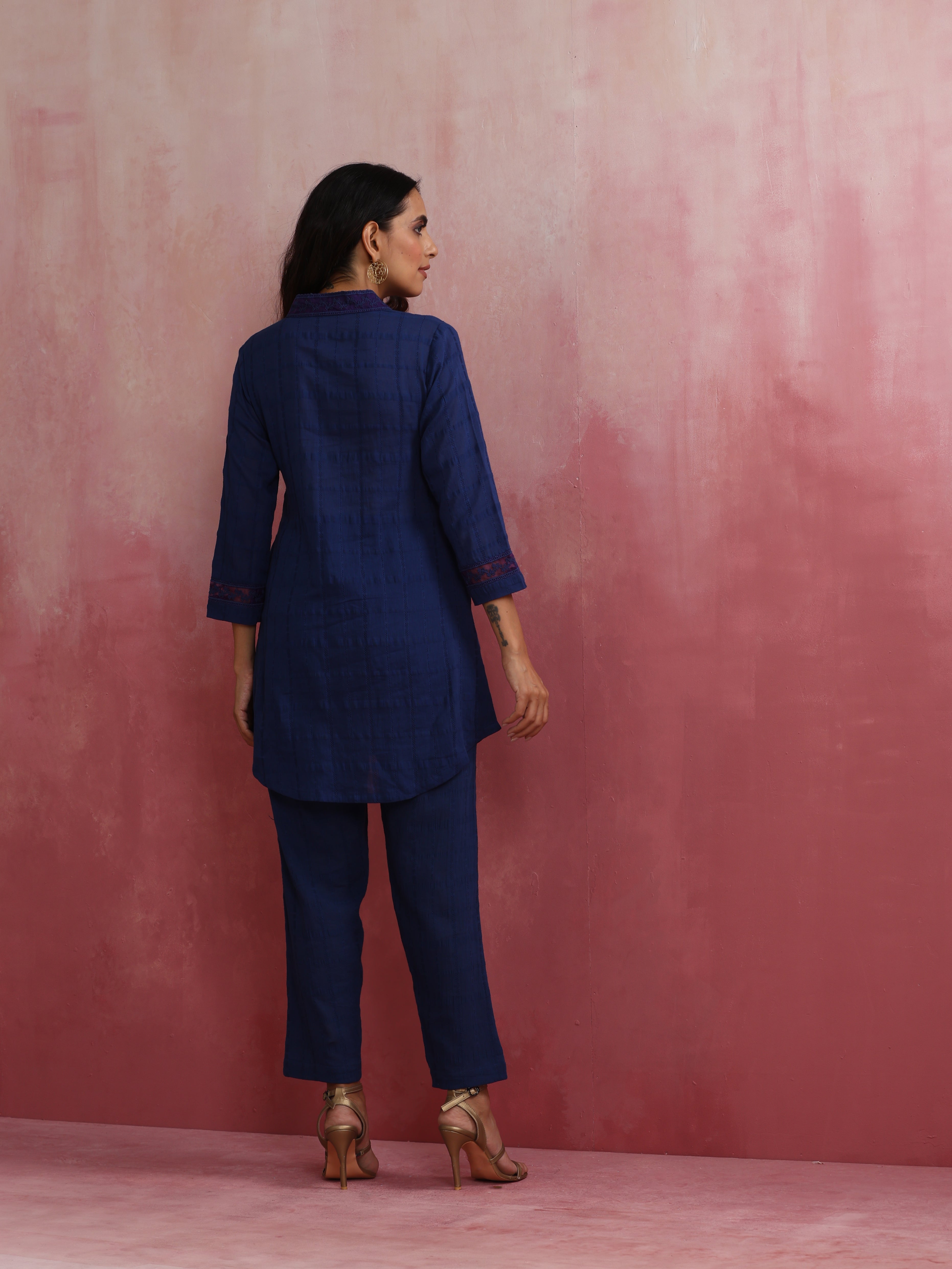 trueBrowns Dark Blue Cotton Dobby Kurta Co-ord set | Grocsy