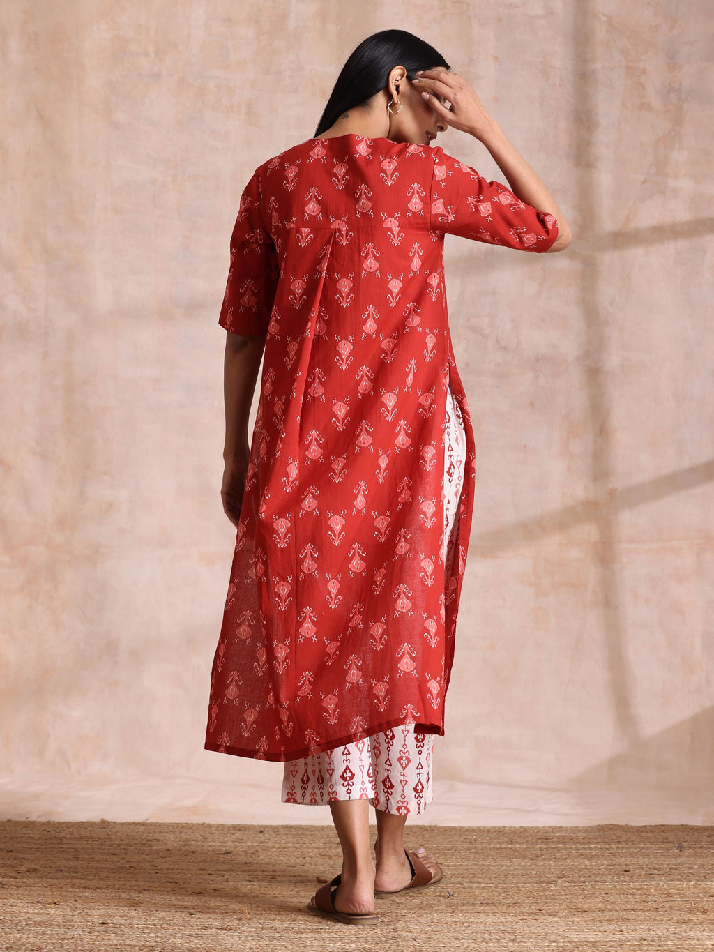 trueBrowns Red On Red Ikat Print Cotton Kurta Pant Set | Grocsy