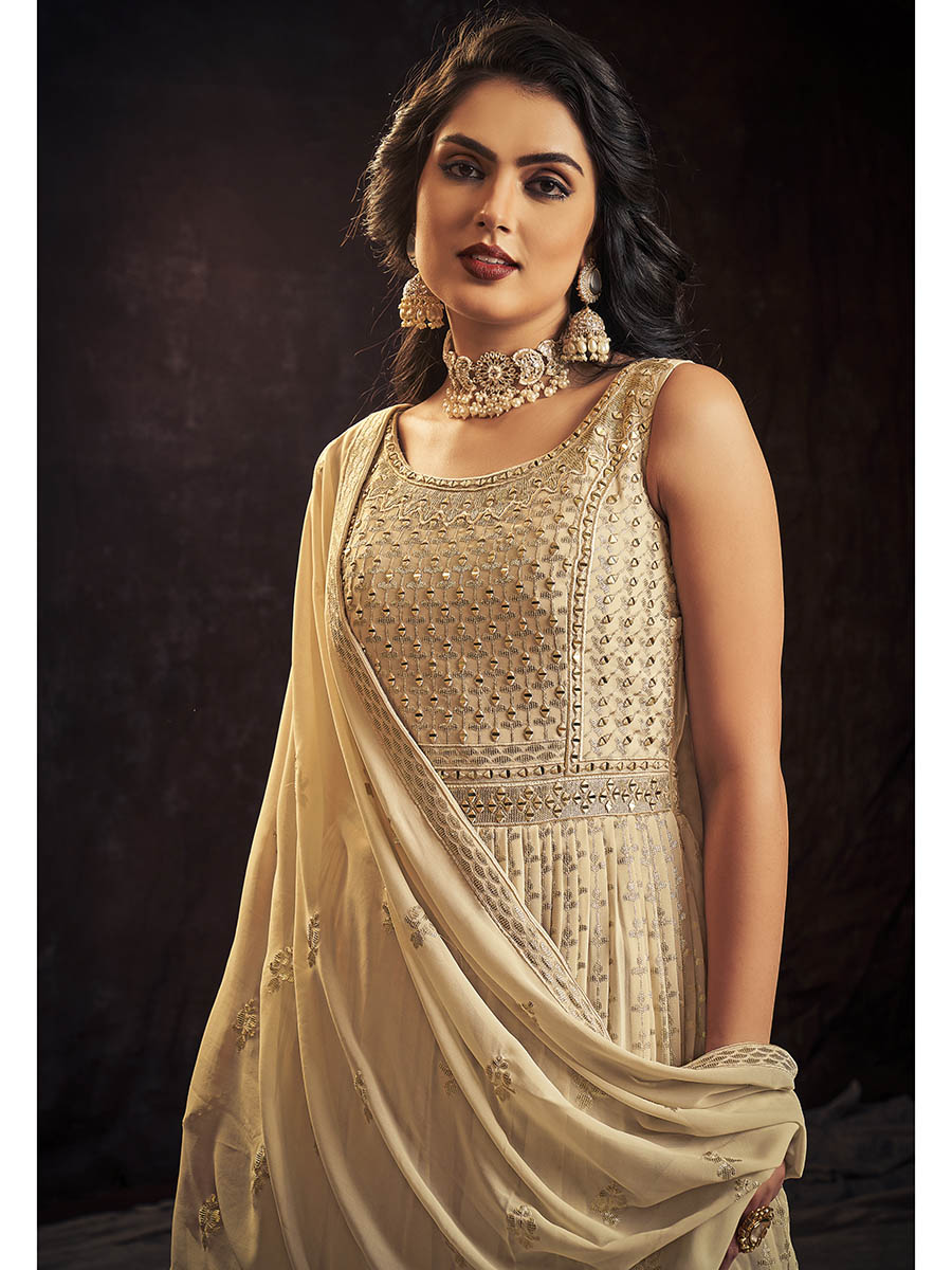 Myra Cream Real Georgette Designer Gown Style Suit | Grocsy