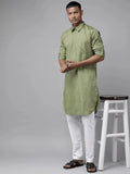 Fabmade Pure Cotton Olive Green Printed Pathani Kurta | Grocsy