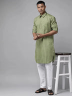 Fabmade Pure Cotton Olive Green Printed Pathani Kurta | Grocsy