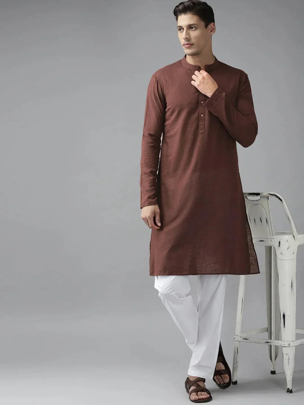 Fabmade Men Brown Cotton Linen Kurta | Grocsy