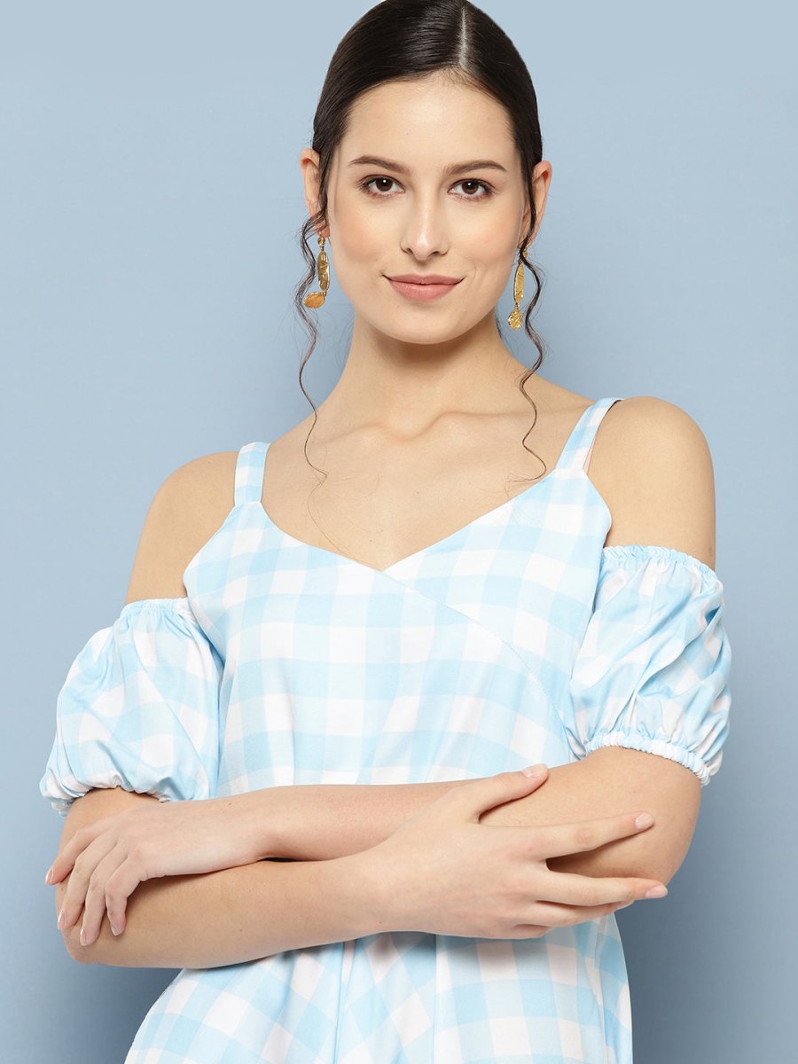 Ahalyaa Checked Cold-Shoulder Sleeves Midi Empire Ethnic Dress | Grocsy