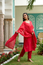 The52 Gajari Red Embroidered Chanderi Fabric Straight Kurta, Pant and Dupatta Set | Grocsy