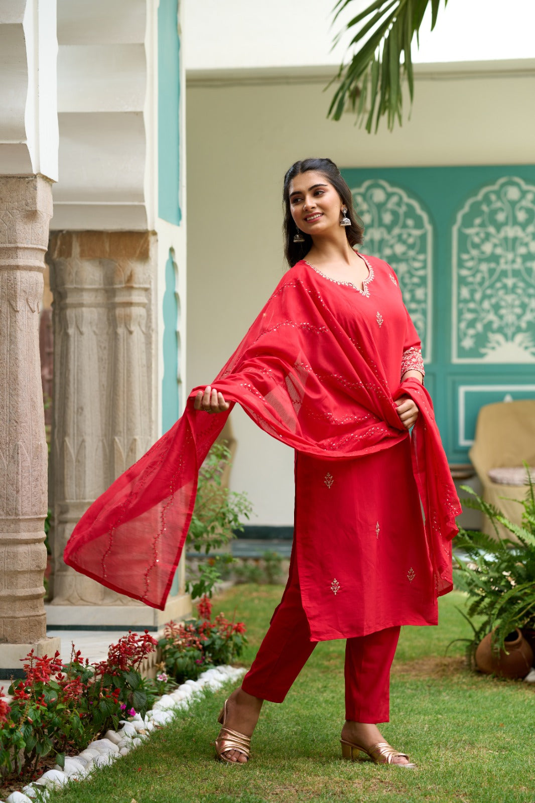 The52 Gajari Red Embroidered Chanderi Fabric Straight Kurta, Pant and Dupatta Set | Grocsy