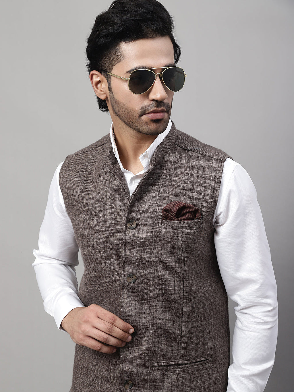 Even Apparels Men's Brown Nehru Jacket With Welt Pockets | Grocsy