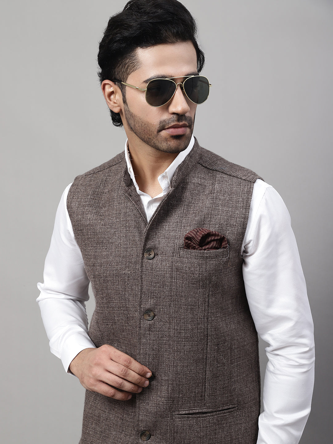 Even Apparels Men's Brown Nehru Jacket With Welt Pockets | Grocsy