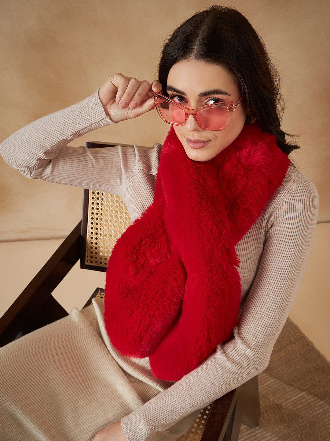InWeave Women's Cherry Red Faux Fur Neck Warmer | Grocsy