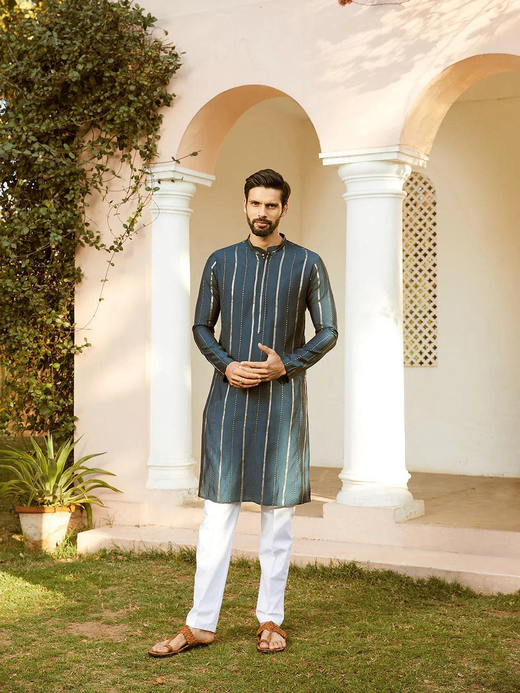 Fabmade Embroidered Regular Sequinned Chanderi Silk Kurta With Pyjamas | Grocsy