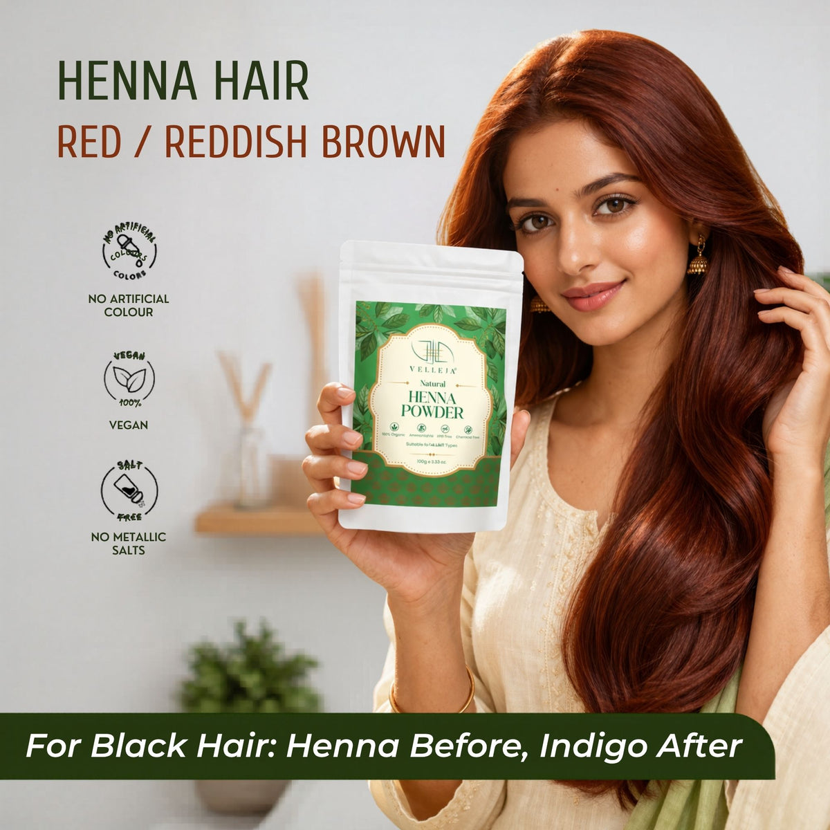 Velleja Herbal Henna Powder for Natural Hair Colour | Enriched with Amla, Bhringraj & Shikakai | Grocsy