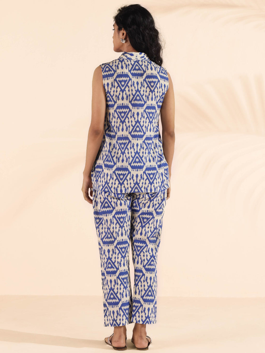 trueBrowns Blue Cotton Ikat Sleeveless Co-ord Set | Grocsy