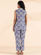 trueBrowns Blue Cotton Ikat Sleeveless Co-ord Set | Grocsy