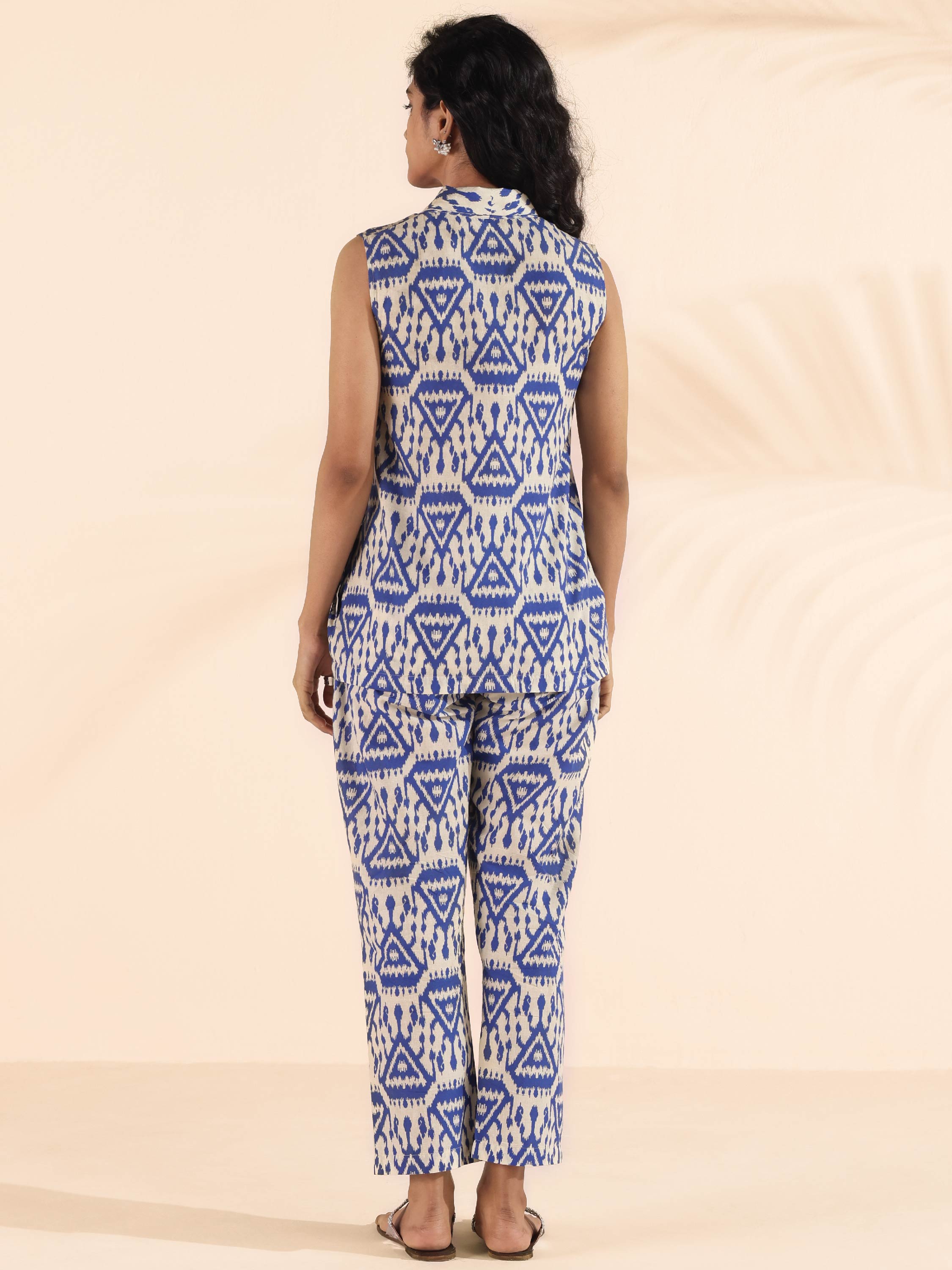 trueBrowns Blue Cotton Ikat Sleeveless Co-ord Set | Grocsy