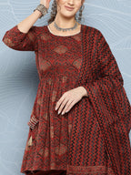 InWeave Women's Brick Rust Ajrakh Sharara Set With Dupatta | Grocsy