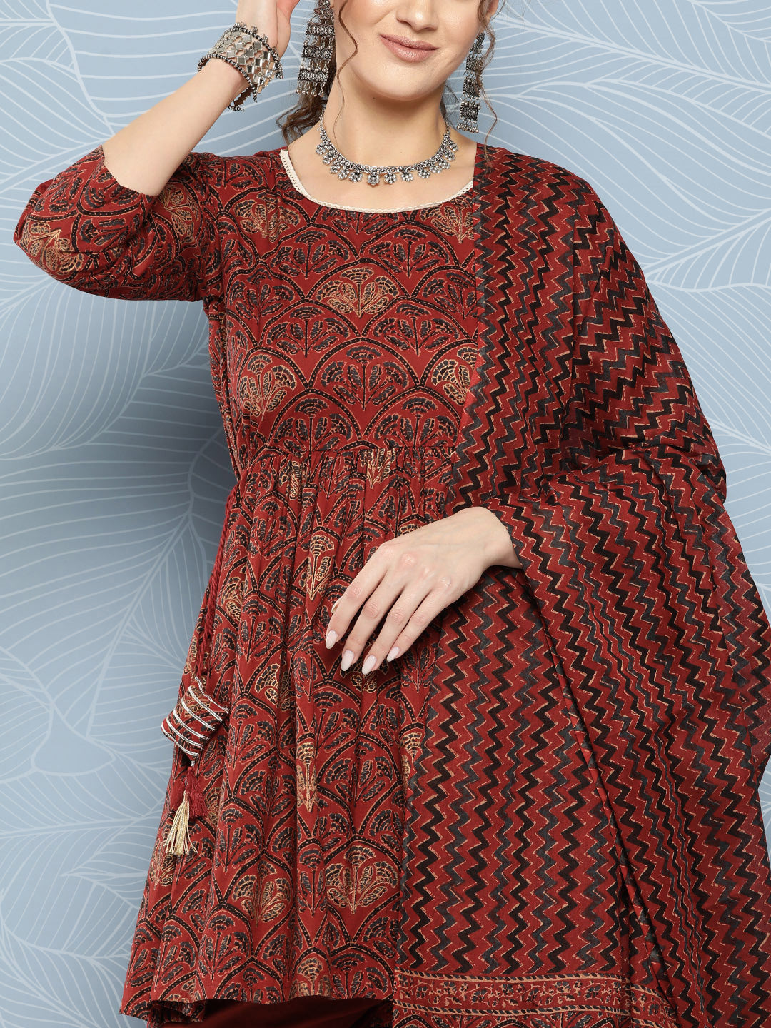InWeave Women's Brick Rust Ajrakh Sharara Set With Dupatta | Grocsy