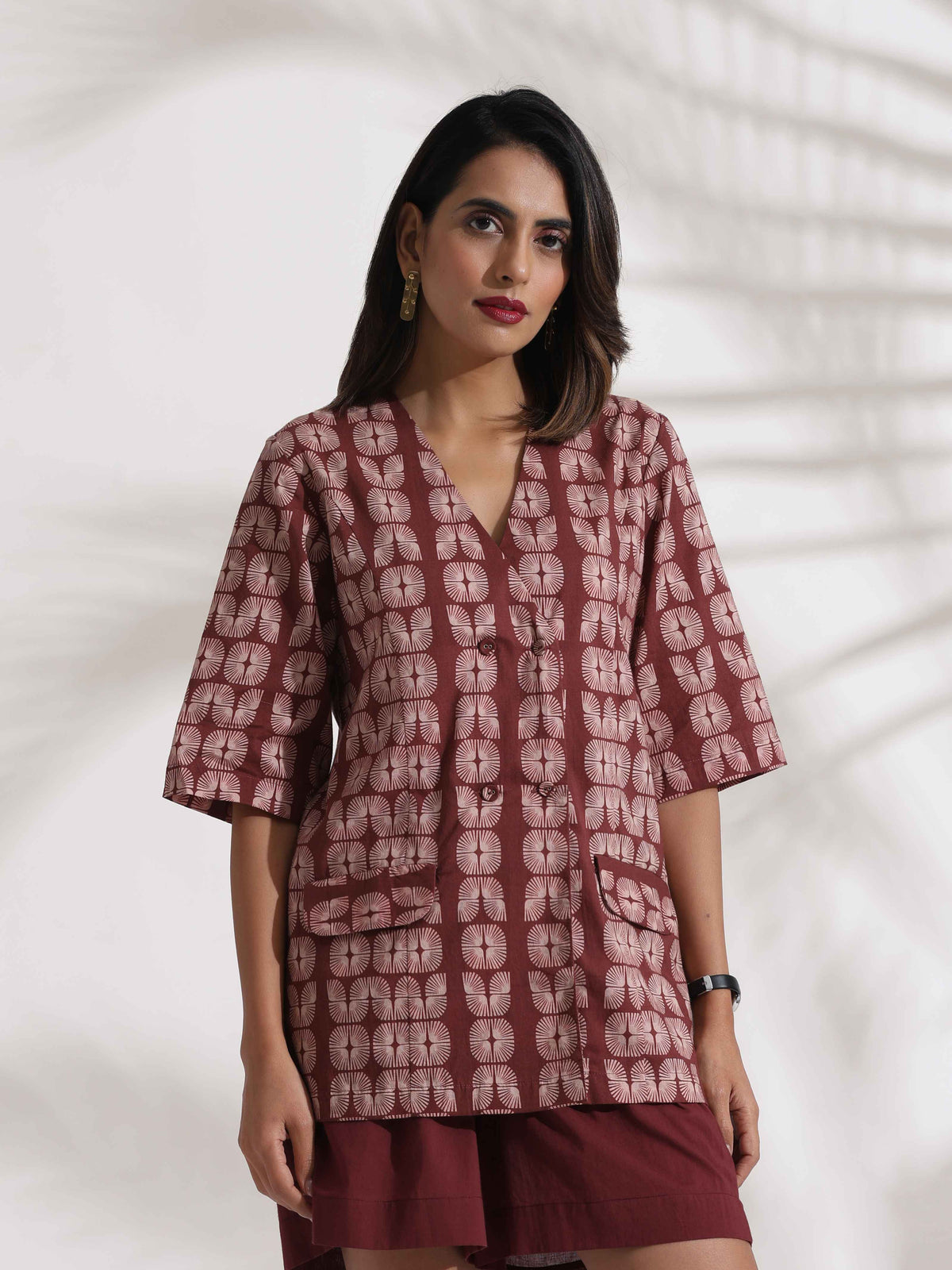 trueBrowns Brown Cotton Print Jacket Top & Short Co-ord Set | Grocsy