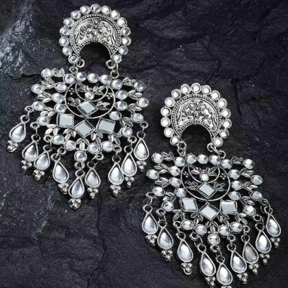 Tehzeeb Creations Women's Silver Colour Oxidised Earrings With Kundan | Grocsy