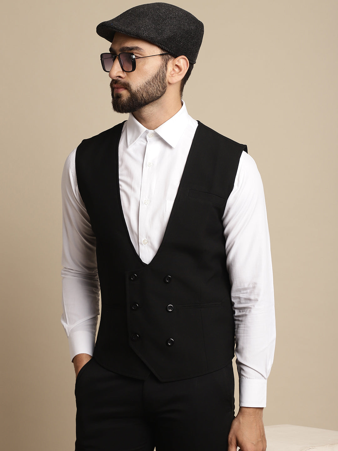 Even Apparels Men's Black Double Breast Waistcoat | Grocsy