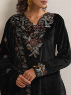 trueBrowns Black Velvet Floral Embroidered Kurta Pant Dupatta Set | Grocsy