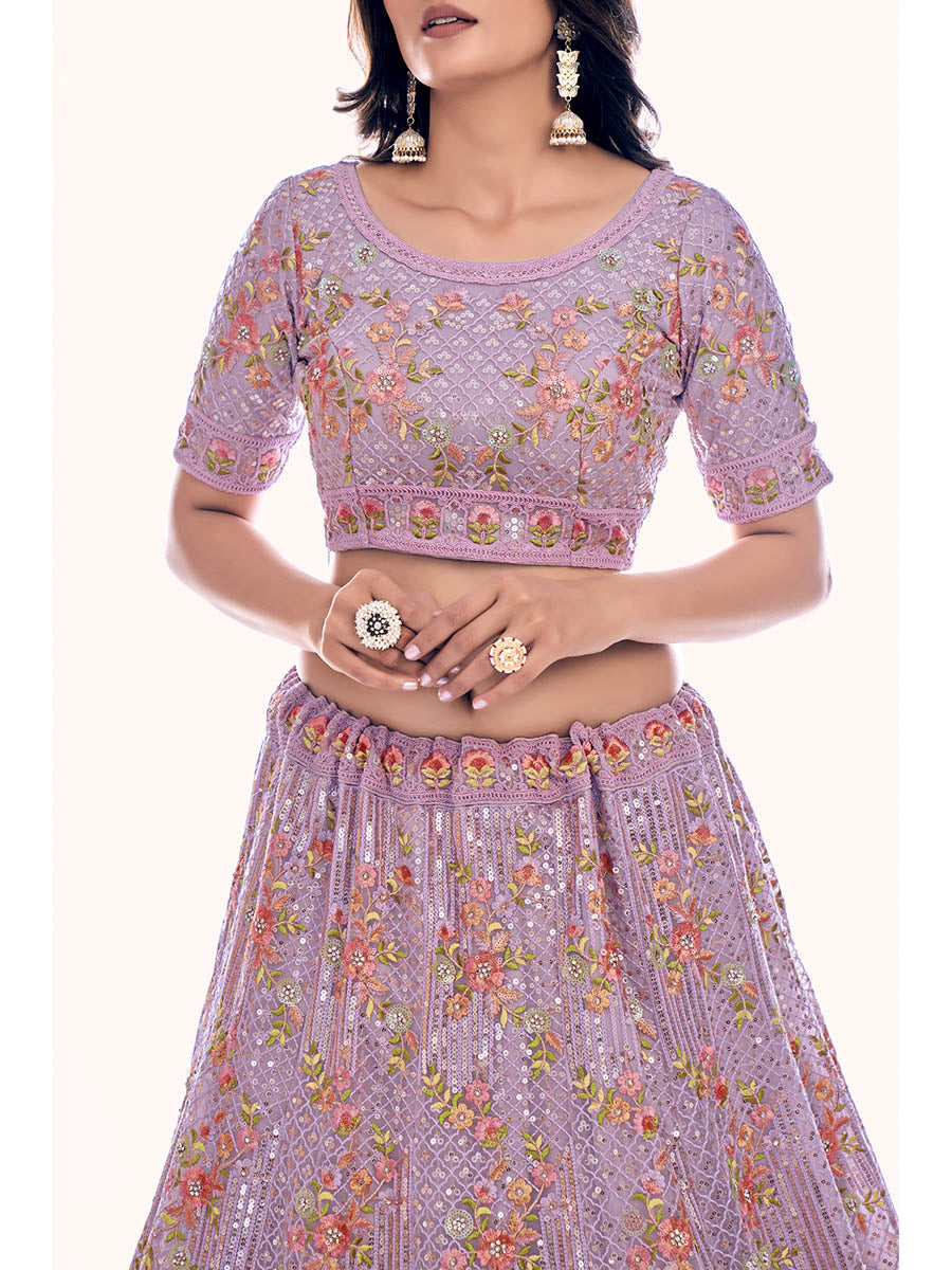 Myra Lilac Soft Net Embroidered Designer Lehenga Choli | Grocsy